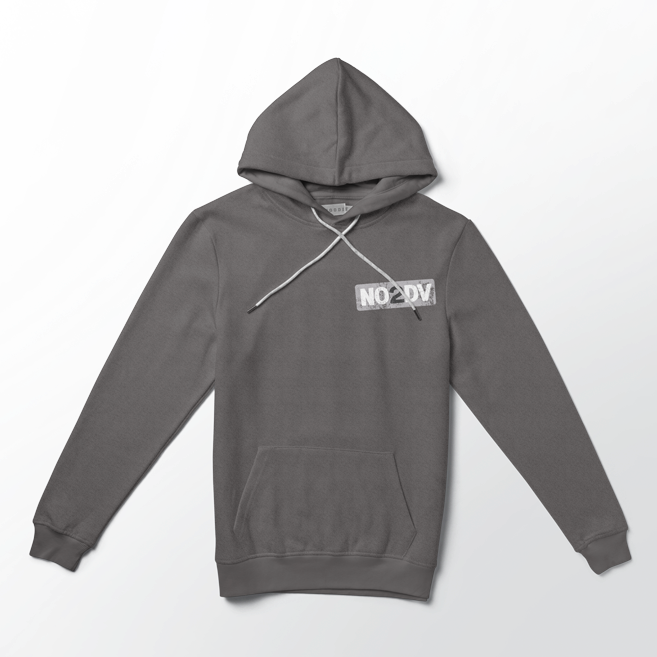 A dark gray pullover hoodie with a white 'NO2DV' graphic on the chest.